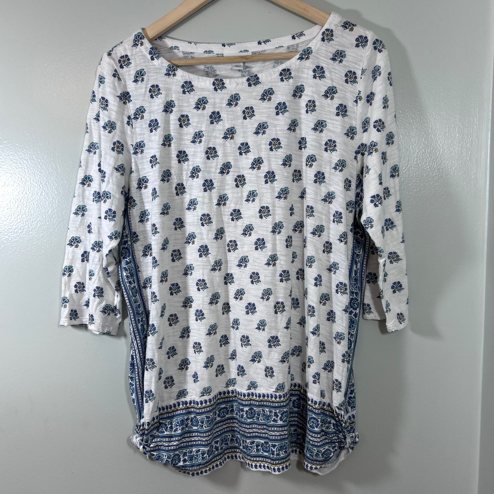 J.Jill Womens Blue Floral Cotton Modal Slub Knit 3/4 Sleeve Top Large